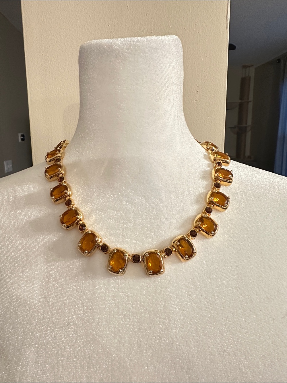 Vintage Gold-Tone Amber Glass Statement Necklace